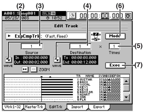 KORG D32XD - Ex. Convertir la zone IN-OUT de la piste 1 à la longueur de la zone TO-END de la piste 2 sans changer la hauteur et la copier 3 fois à partir de la position TO de la piste 2 - 1