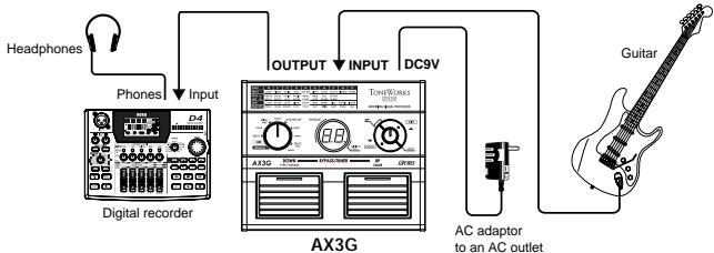 KORG AX3G - Example of a connection to a mixer or recorder - 1