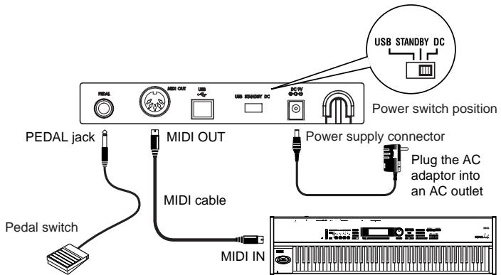 KORG K49 - Connexions MIDI et de l'adaptateur CA - 1