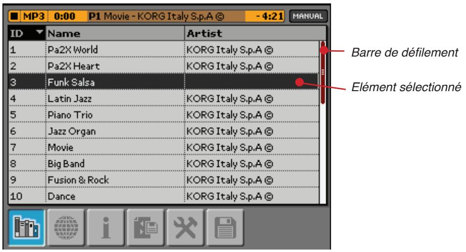 KORG MP10PRO - Défillement d'une liste et sélection d'éléments - 1