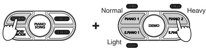KORG NC300 - Hold down TOUCH and press the appropriate SOUND button: E. PIANO 1 (LOW) to select light action, PIANO 1 (MID) to select normal action, or PIANO 2 (HIGH) to select heavy action. - 1