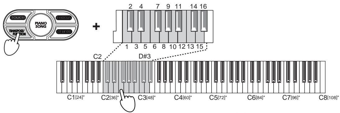 KORG NC300 - Hold down TRANSPOSE/FUNCTION and press a key from C2 to D#3 to set the channel assignment. - 1