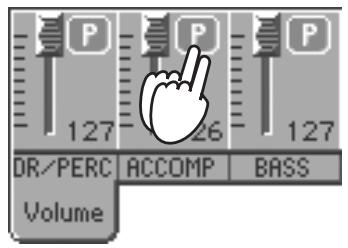 KORG PA2XPRO - Pendant la reproduction du style, survolez un point quelconque du champ de la piste ACCOMP pour sélectionner la piste (la valeur du volume est allumée) et ensuite survolez-la de nouveau pour la régler en mute. - 1