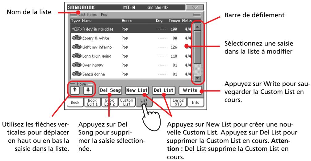 KORG PA2XPRO - Lorsque vous avez terminé d'ajouter des saisies dans la list personnelle, appuyez sur l'onglet list edit pour afficher la page list edit et utiliser les diverses commandes d'édition de la liste. - 1