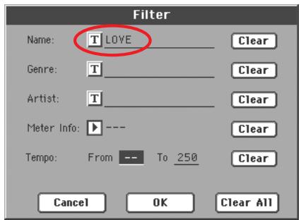 KORG PA2XPRO - Appuyez sur le bouton t (text edit) affiché à côté du critère de recherche (meme plus d'un) que vous pouvez lancer. - 6