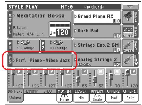 KORG PA2XPRO - Appuyez sur la case performance affichée à l'écran pour ouvrir la fenêtre de sélection des performances (performance select) - 5