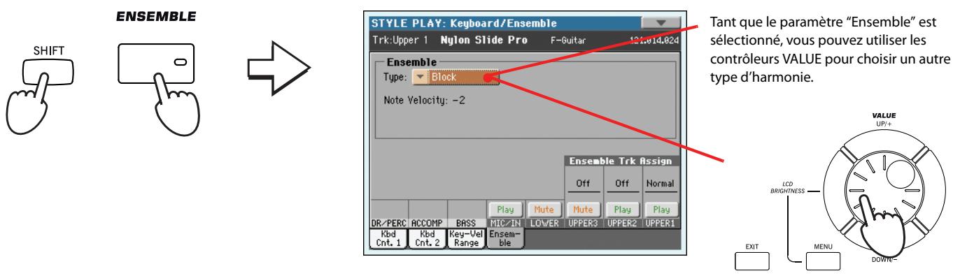KORG PA3X - Pour sélectionner un style d'harmonisation différent, gardez enfoncé le bouton SHIFT et appuyez sur le bouton ensemble pour afficher la page "ensemble - 1
