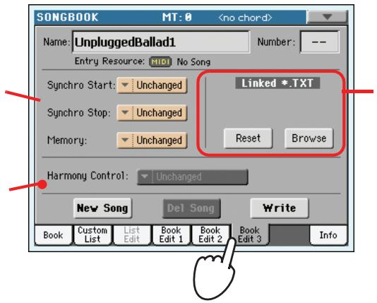 KORG PA3X - Quand vous avez fini les réglages à cette page, touchez l'onglet pour afficher la page "book edit 3" puis réglez les paramètres "synchro" et "memory". - 1