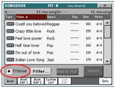KORG PA3X - Appuyez sur OK pour fermer la boite de dialogue filter et rétablit la page song book. - 1