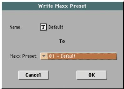 KORG PA3X - Fenêtre de dialogue 'write global - maxx preset - 1