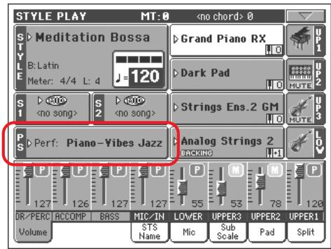 KORG PA800 - Appuyez sur la case performance affichée à l'écran pour ouvrir la fenêtre de sélection des performances (performance select) - 5