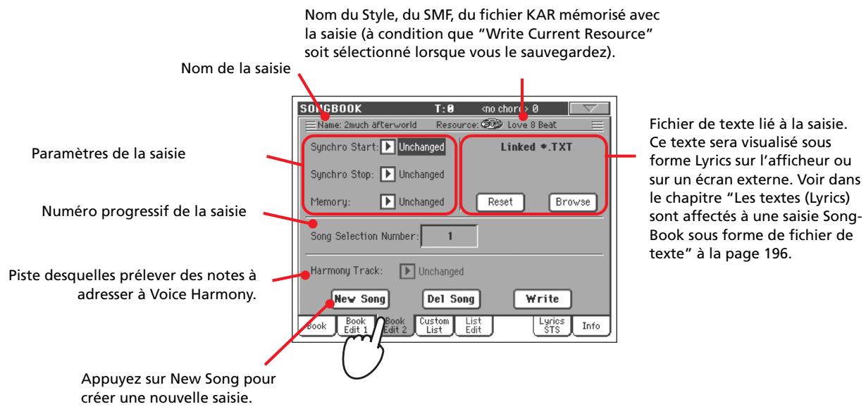 KORG PA800 - Lorsque votre saisie est prête, appuyez sur le bouton songbook et ensuite sur l'onglet book edit pour afficher la page book edit 1. - 1