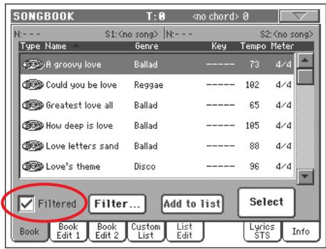 KORG PA800 - Appuyez sur OK pour fermer la boîte de dialogue filter et rétablit la page song book. - 1