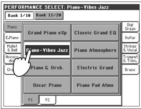 KORG PA800 - Appuyez sur la case performance affichée à l'écran pour ouvrir la fenêtre de sélection des performances (performance select) - 3