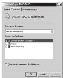 OLIVETTI D-COPIA 200D - Cliquez sur le bouton " Sélectionner un événement" et selectionnez " Menu de numérisation SC1" dans le menu déroulant. Sélectionnez ensuite " Olivetti Button Manager P" dans la liste "Envoyer vers cette application" puis cliquez sur " Appliquer". - 2
