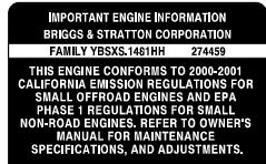 BRIGGS & STRATTON BRIGGS & STRATTON 12B400 - À compter du 1ER juillet 2000, il faut surveiller la période de conformité d'émissions sur les étiquettes - 1