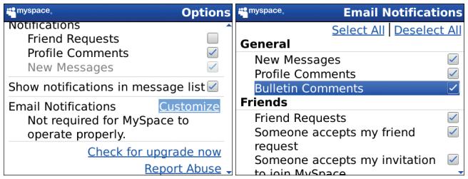 BLACKBERRY MYSPACE - Change the email notification options for your MySpace account - 1
