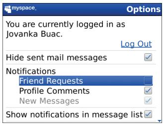 BLACKBERRY MYSPACE - Prevent notifications from appearing in the messages application - 1