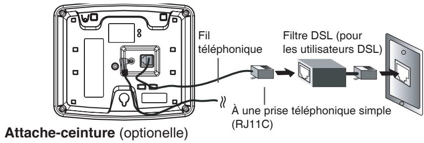 Attache-ceinture (optionelle) Fil téléphonique Filtre DSL (pour les utilisateurs DSL) À une prise téléphonique simple (RJ11C)