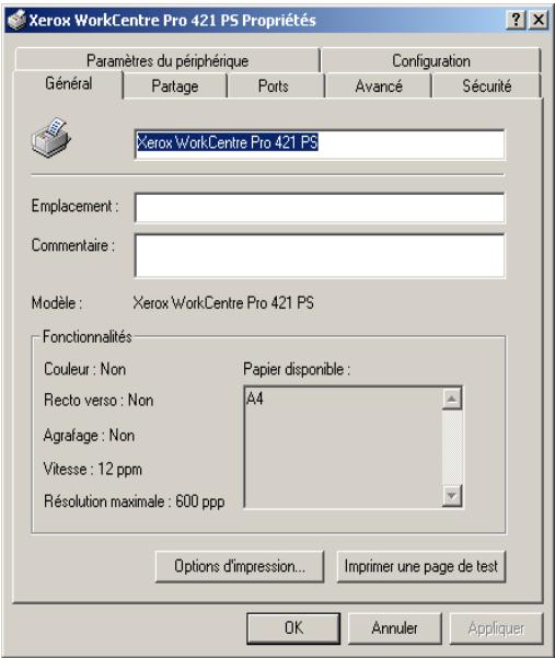 XEROX WORKCENTRE PRO 421DE DIGITAL COPIER - Configuration des propriétés de l'imprimante - 1