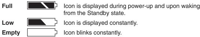 Full Icon is displayed during power-up and upon waking from the Standby state. Low Icon is displayed constantly. Empty Icon blinks constantly.