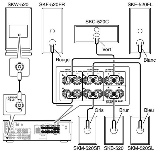 ONKYO SKS-HT520 - Reliez l'entrée LINE INPUT du caisson de grave actif à la sortie SUBWOOFER PRE OUT de Ampli-tuner avec le cable RCA/Cinch fourni. - 1