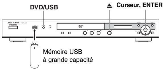 ONKYO DVSP405 - Utilisation de l'interface USBmémoire USB sont les mêmes que pour les autres disques. Pour plus d'informations, reportez-vous à “Commandes pour la lecture de base” la page 27 et “Lecture d'un disque” la page 30.

![](images/ad5482463eee7946ab2e0360ce9063cd5d782c4bc8e6c51f9e97a48d05307d88.jpg)  
4

Mettez le lecteur hors tension et retirez la clé de mémoire USB.

- Lors de la prochaine mise en service de ce lecteur, il se trouvera en mode USB. Pour repasser au mode DVD, appuyez soit sur DVD/USB ou sur la touche (ouverture/fermeture) pour ouvrir le tiroir de disque. - 1
