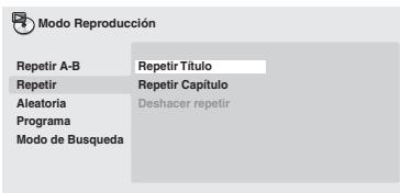ONKYO DVSP405 - Importante:ponibles dependen del tipo de disco cargado. Por exemple, para discos DVD, puede seleccionar "Repetir Tuito" o "Repetir Capitulo" (o "Deshacer repetir").

![](images/9fe84aaa783eb170fb1e65ca2fde27a0be74331ba144cb64d21e984ee7a3f21d.jpg)

- Para CD y Video CD, seleccione "Repetir un disco" o "Repetir pista" (o "Deshacer repetir").



Con los discos Video CD en el modo PBC o con los discos MP3/WMA/MPEG-4 AAC no se pueda realizar la reproduccion Repetir.   
No se pueda usar la repetition de reproduccion y la reproduccion aleatoria al:noismo tiempo. - 4