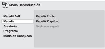 ONKYO DVSP405 - Importante:ponibles dependen del tipo de disco cargado. Por exemple, para discos DVD, puede seleccionar "Repetir Tuito" o "Repetir Capitulo" (o "Deshacer repetir").

![](images/9fe84aaa783eb170fb1e65ca2fde27a0be74331ba144cb64d21e984ee7a3f21d.jpg)

- Para CD y Video CD, seleccione "Repetir un disco" o "Repetir pista" (o "Deshacer repetir").



Con los discos Video CD en el modo PBC o con los discos MP3/WMA/MPEG-4 AAC no se pueda realizar la reproduccion Repetir.   
No se pueda usar la repetition de reproduccion y la reproduccion aleatoria al:noismo tiempo. - 3