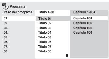 ONKYO DVSP405 - Pulse PLAY MODE y selección
“Programa” en la lista de equipos de la izquierda.capítulo/pista, el número de pasos bajo una unidad automatística.

Repita el paso 3 para construir una lista de programa.

Una lista de programa puede contener hasta 24 títulos/capítulos/pistas.

- Puede introducir pasos en medio de una lista de programaresultando la posicióndondequieraqueaparezacel nuevo pasoeintroduciendo un numero de titulo/capitulo/pista.   
- Para eliminar un paso, resalte lo y pulse CLEAR.

![](images/0ee9f76e38abff13ff199a0f147953d31df5b7b82d69d6ef00039710dda8205c.jpg)  
5

ParaREENIRla listadeprograma,pulse  (reproducir).

La reproduccion de programa permanece activa hasta que desconnecte la reproduccion de programa (ver a continuacion), borre la lista de programa (ver a continuacion), expulse el disco o desactive el reproductor.

ulo/pista, el número de pasos bajo una unidad automatística.

Repita el paso 3 para construir una lista de programa.

Una lista de programa puede contener hasta 24 títulos/capítulos/pistas.

- Puede introducir pasos en medio de una lista de programaresultando la posicióndondequieraqueaparezacel nuevo pasoeintroduciendo un numero de titulo/capitulo/pista.   
- Para eliminar un paso, resalte lo y pulse CLEAR.

![](images/0ee9f76e38abff13ff199a0f147953d31df5b7b82d69d6ef00039710dda8205c.jpg)  
5

ParaREENIRla listadeprograma,pulse  (reproducir).

La reproduccion de programa permanece activa hasta que desconnecte la reproduccion de programa (ver a continuacion), borre la lista de programa (ver a continuacion), expulse el disco o desactive el reproductor.

 número de pasos bajo una unidad automatística.

Repita el paso 3 para construir una lista de programa.

Una lista de programa puede contener hasta 24 títulos/capítulos/pistas.

- Puede introducir pasos en medio de una lista de programaresultando la posicióndondequieraqueaparezacel nuevo pasoeintroduciendo un numero de titulo/capitulo/pista.   
- Para eliminar un paso, resalte lo y pulse CLEAR.

![](images/0ee9f76e38abff13ff199a0f147953d31df5b7b82d69d6ef00039710dda8205c.jpg)  
5

ParaREENIRla listadeprograma,pulse  (reproducir).

La reproduccion de programa permanece activa hasta que desconnecte la reproduccion de programa (ver a continuacion), borre la lista de programa (ver a continuacion), expulse el disco o desactive el reproductor.

Repetir A-B
Repetir
Aleatoria
Programa
Modo de Busquedaograma puede contener hasta 24 títulos/capítulos/pistas.

- Puede introducir pasos en medio de una lista de programaresultando la posicióndondequieraqueaparezacel nuevo pasoeintroduciendo un numero de titulo/capitulo/pista.   
- Para eliminar un paso, resalte lo y pulse CLEAR.

![](images/0ee9f76e38abff13ff199a0f147953d31df5b7b82d69d6ef00039710dda8205c.jpg)  
5

ParaREENIRla listadeprograma,pulse  (reproducir).

La reproduccion de programa permanece activa hasta que desconnecte la reproduccion de programa (ver a continuacion), borre la lista de programa (ver a continuacion), expulse el disco o desactive el reproductor.

Creer / Editor prog.
Inclio rep. prog.
Parada rep. Prog.
Borrar programacir pasos en medio de una lista de programaresultando la posicióndondequieraqueaparezacel nuevo pasoeintroduciendo un numero de titulo/capitulo/pista.   
- Para eliminar un paso, resalte lo y pulse CLEAR.

![](images/0ee9f76e38abff13ff199a0f147953d31df5b7b82d69d6ef00039710dda8205c.jpg)  
5

ParaREENIRla listadeprograma,pulse  (reproducir).

La reproduccion de programa permanece activa hasta que desconnecte la reproduccion de programa (ver a continuacion), borre la lista de programa (ver a continuacion), expulse el disco o desactive el reproductor.

asos en medio de una lista de programaresultando la posicióndondequieraqueaparezacel nuevo pasoeintroduciendo un numero de titulo/capitulo/pista.   
- Para eliminar un paso, resalte lo y pulse CLEAR.

![](images/0ee9f76e38abff13ff199a0f147953d31df5b7b82d69d6ef00039710dda8205c.jpg)  
5

ParaREENIRla listadeprograma,pulse  (reproducir).

La reproduccion de programa permanece activa hasta que desconnecte la reproduccion de programa (ver a continuacion), borre la lista de programa (ver a continuacion), expulse el disco o desactive el reproductor.

2de una lista de programaresultando la posicióndondequieraqueaparezacel nuevo pasoeintroduciendo un numero de titulo/capitulo/pista.   
- Para eliminar un paso, resalte lo y pulse CLEAR.

![](images/0ee9f76e38abff13ff199a0f147953d31df5b7b82d69d6ef00039710dda8205c.jpg)  
5

ParaREENIRla listadeprograma,pulse  (reproducir).

La reproduccion de programa permanece activa hasta que desconnecte la reproduccion de programa (ver a continuacion), borre la lista de programa (ver a continuacion), expulse el disco o desactive el reproductor.

Selección “Crear / Editor prog.” en la lista devinciones de programma.endo un numero de titulo/capitulo/pista.   
- Para eliminar un paso, resalte lo y pulse CLEAR.

![](images/0ee9f76e38abff13ff199a0f147953d31df5b7b82d69d6ef00039710dda8205c.jpg)  
5

ParaREENIRla listadeprograma,pulse  (reproducir).

La reproduccion de programa permanece activa hasta que desconnecte la reproduccion de programa (ver a continuacion), borre la lista de programa (ver a continuacion), expulse el disco o desactive el reproductor.

un numero de titulo/capitulo/pista.   
- Para eliminar un paso, resalte lo y pulse CLEAR.

![](images/0ee9f76e38abff13ff199a0f147953d31df5b7b82d69d6ef00039710dda8205c.jpg)  
5

ParaREENIRla listadeprograma,pulse  (reproducir).

La reproduccion de programa permanece activa hasta que desconnecte la reproduccion de programa (ver a continuacion), borre la lista de programa (ver a continuacion), expulse el disco o desactive el reproductor.

mero de titulo/capitulo/pista.   
- Para eliminar un paso, resalte lo y pulse CLEAR.

![](images/0ee9f76e38abff13ff199a0f147953d31df5b7b82d69d6ef00039710dda8205c.jpg)  
5

ParaREENIRla listadeprograma,pulse  (reproducir).

La reproduccion de programa permanece activa hasta que desconnecte la reproduccion de programa (ver a continuacion), borre la lista de programa (ver a continuacion), expulse el disco o desactive el reproductor. - 2