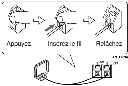 ONKYO TX-8222 - Insérez les deux fils de l'antenne-cadre AM dans les bornes à pouvoir pour antenne AM comme indiqué. - 1