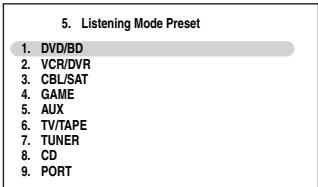 ONKYO TX-SR607 - Utilisez les touches Haut et Bas [▲]/[▼] pour selectionner « 5. Listening Mode Preset», puis appuyez sur [ENTER]. - 1