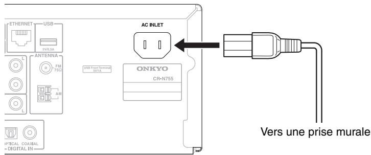 ONKYO CR-N755 - Branchez le cordon d'alimentation fourni sur la prise AC INLET de l'ampli-tuner CD. - 1