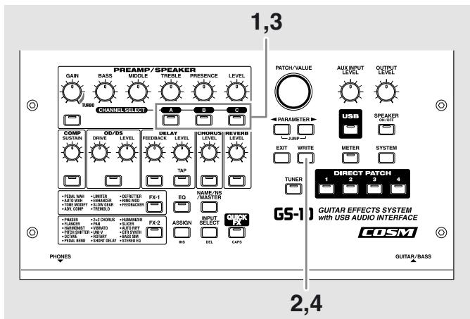 BOSS GS-10 - Copie des paramètres PREAMP/SPEAKER vers un autre canal - 1