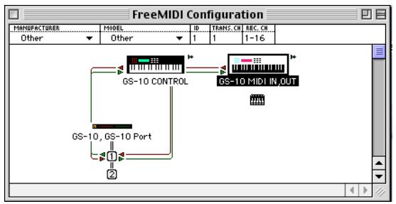 BOSS GS-10 - Si un générateur de son MIDI est branché sur la sortie MIDI OUT du GS-10'cliquez sur l'icone GS-10 MIDI IN,OUT de la fenêtre de configuration. - 1