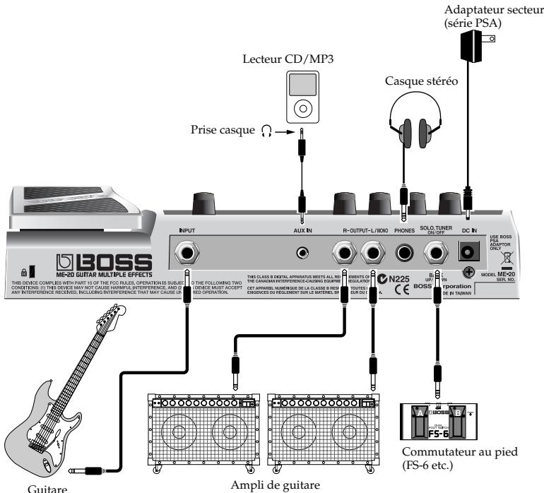 Lecteur CD/MP3 Prise casque Casque stéréo Adaptateur secteur (série PSA) INPUT AUX IN R-OUTPUT-L/HIOI PHONES SOLO TUNER DC IN USE BOSS AS AMPTOR ONLY MOOEL ME-20 SER. NO. N225 BOSS UP PRONATION SE IN TIANAN THE DEVICE COMPLIES WITH PART IS OF THE FCC RULES, OPERATION IS SUBSEQUENTLY. IT THE DRIVER MAY NOT CAUSE HAMMUL INTERFERENCE, AND IF ANY INTERFERENCE RECEIVED, INCLUDING INTERFERENCE THAT MAY CAUSE UP THE FOLLOWING TWO SERVICE MUST ACCEPT LED OPERATION. Ampli de guitare Guitare Commutateur au pied (FS-6 etc.)
