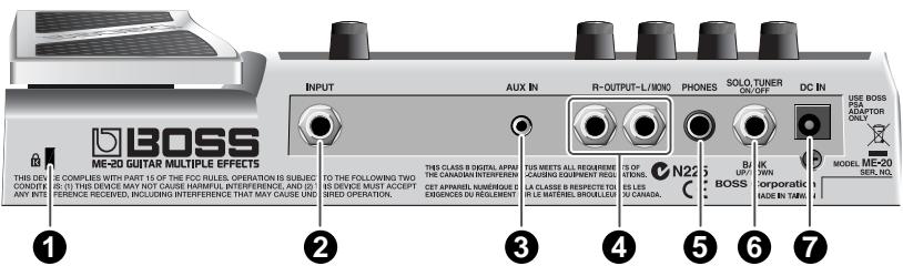 THIS DEV CONDUY ANY INT'L IE COMPLIES WITH PART 15 OF THE FCC RULES. OPERATION IS SUBJECT (1) THIS DEVICE MAY NOT CAUSE HARMFUL INTERFERENCE, AND (2) REference RECEIVED, INCLUDING INTERFERENCE THAT MAY CAUSE UNI TO THE FOLLOWING TWO DEVICE MUST ACCEPT BRED OPERATION. THE CLASS B DIGITAL APPRI THE CANADIAN INTERFEREN. CAT APPARES, NAMBRIDGE EXPIRES DU REQUIREMENT. TUS MEETS ALL REQUIERE CAUSING EQUIPMENT RESU LA CLASSE B RESPECTED TO BLUE MATERIALS BROADLES. IS OF INCOME. N225 C BI UP UP BOSS B K CHN CORPORATIC MAGE IN TAMS MODEL ME-20 SER. NO. USE BOSS EREFONE ADAPTOR ONLY! ① ② ③ ④ ⑤ ⑥ ⑦