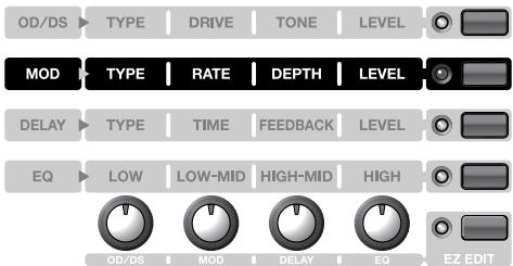 OD/DS TYPE DRIVE TONE LEVEL MOD TYPE RATE DEPTH LEVEL DELAY TYPE TIME FEEDBACK LEVEL EQ LOW LOW-MID HIGH-MID HIGH OD/DS MOD DELAY EQ EZ EDIT