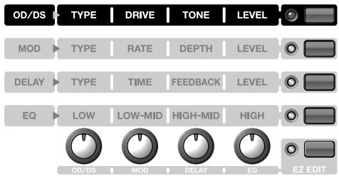 OD/DS TYPE DRIVE TONE LEVEL MOD TYPE RATE DEPTH LEVEL DELAY TYPE TIME FEEDBACK LEVEL EQ LOW LOW-MID HIGH-MID HIGH OD/DS MOD DELAY EQ EZ EDIT
