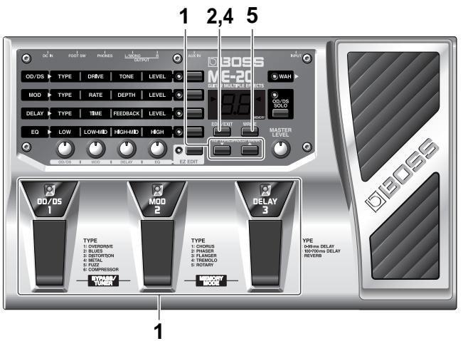 1 2,4 5 DC IN FOOT SW PHONES L/MOD MOD TYPE DRIVE TONE LEVEL MOD TYPE RATE DEPTH LEVEL DELAY TYPE TIME FEEDBACK LEVEL EQ LOW LOW-MB HIGH-MB HIGH EO REF Master Level DD / DS 1 TYPE 1: OVERDRIVE 2: BLUES 3: DEPTITION 4: METAL 5: FUZZ COMPRESSION HYPER/ TOLER MOD 2 TYPE 1: CHORUS 2: PHASER 3: FLANGER 4: TREMOLD 5: ROTARY MEMORY MODE 1 BOSS ME-20 WAH DD / OS 1 DD / OS 2 DD / OS 3 DEGS TYPE 049ms DELAY/ 0040ms DELAY/ REVERB