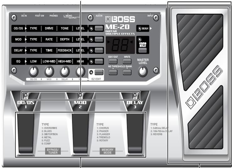 DCIN FOOT SW PHONES L/MONO OUTPUT AUXIN BOSS INPUT OD/DS TYPE DRIVE TONE LEVEL 88 MAH MOD TYPE RATE DEPTH LEVEL DELAY TYPE TIME FEEDBACK LEVEL EQ LOW LOW-MID HIGH-MID HIGH OD/OS MOD DELAY EZ EDIT MOO 1 MOD 2 DELAY 3 TYPE 1: OVERDRIVE 2: BLUES 3: DISTORTION 4: METAL 5: FUZZ 6: COMP BYPASS/TUNER TYPE 1: CHORUS 2: PHASER 3: FLANGER 4: TREMOLLO 5: ROTARY MEMORY MODE TYPE 1: 0-49 ms DELA 2: 100-700 ms D LAY 3: REVERB BOSS