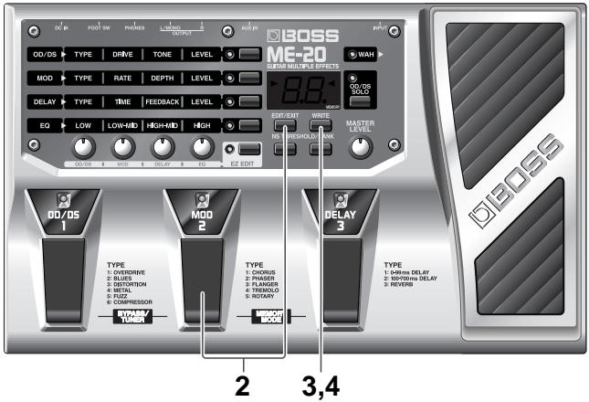BOSS ME-20 SIFAR MULTIPLE EFFECTS MOD TYPE RATE DEPTH LEVEL DELAY TYPE TIME FEEDBACK LEVEL EQ LOW LOW-HID HIGH-HID HIGH DOOS 1 NO 2 RESET 3 RESET 4 E2 EDIT M0D 1 TYPE 1: OVERDRIVE 2: BLUES 3: DISTORTION 4: METAL 5: PUZZ 6: COMPRESSOR 7: BYRASS/TUNER M0D 2 TYPE 1: CHORUS 2: PHASEL 3: FLANGER 4: TRENZOLO 5: ROTARY MEMORY MODE DELAY 3 TYPE 1: DRIVE DELAY 2: ROTHERS DELAY 3: REVERB DOSS 2 3,4
