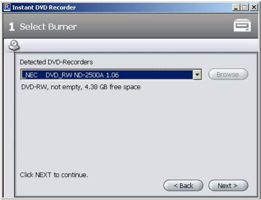 PINNACLE STUDIO MEDIASUITE - Selecting a burner and inserting the DVD - 1