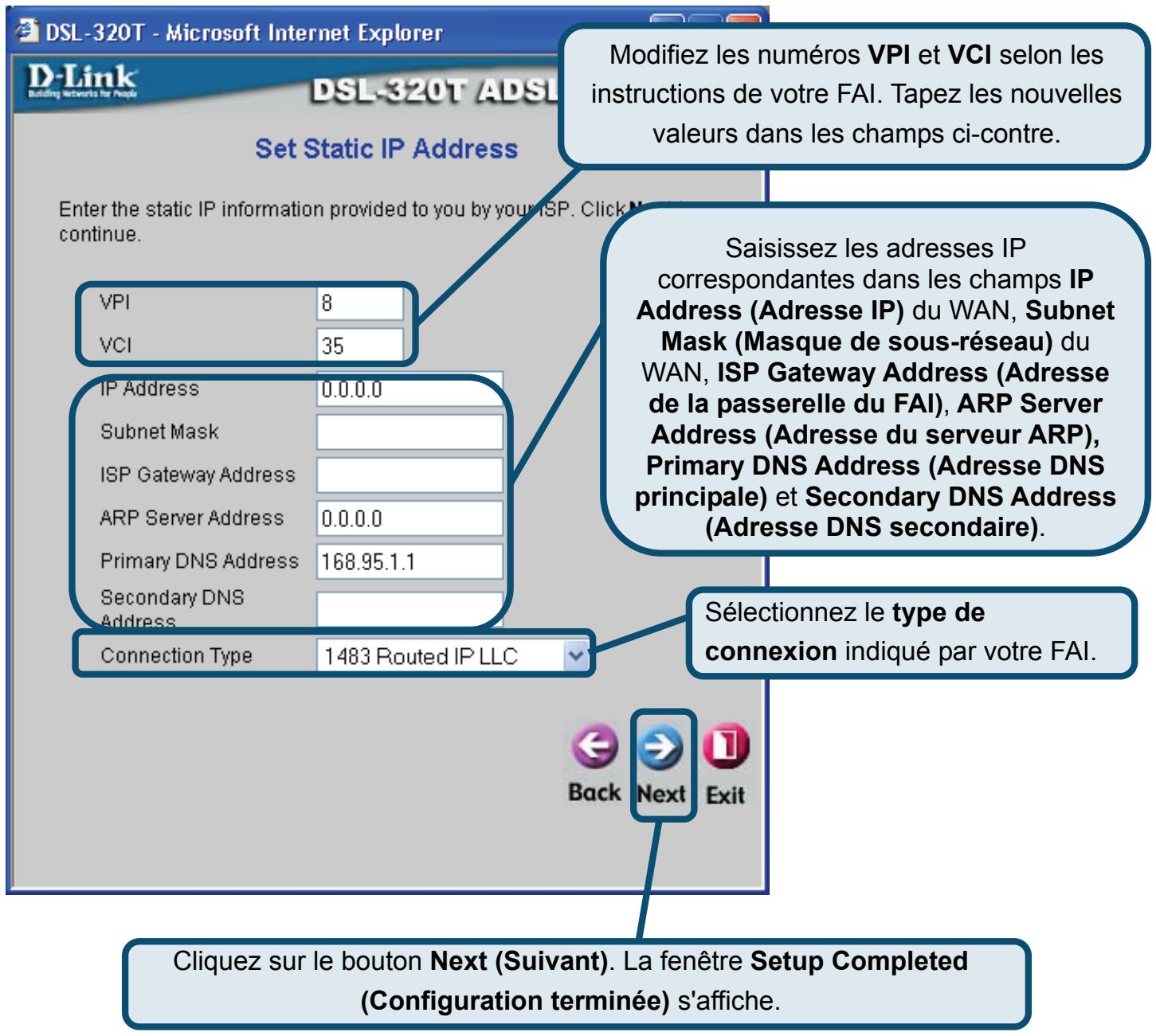 D-LINK DSL-320T - Connexion de type Static IP Address (Adresse IP statique) - 1