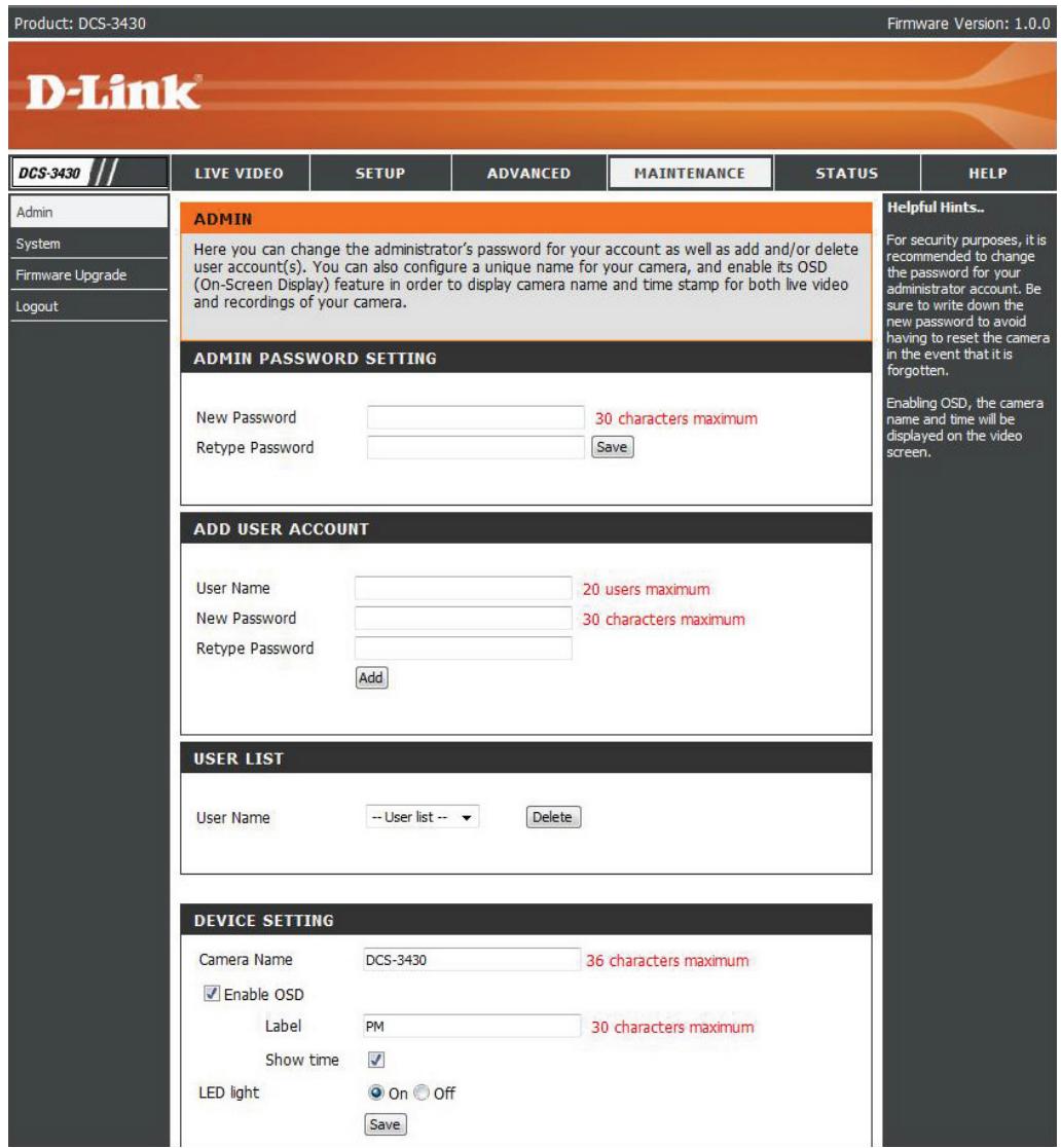 D-LINK DCS-3430 - Maintenance Device Admin - 1