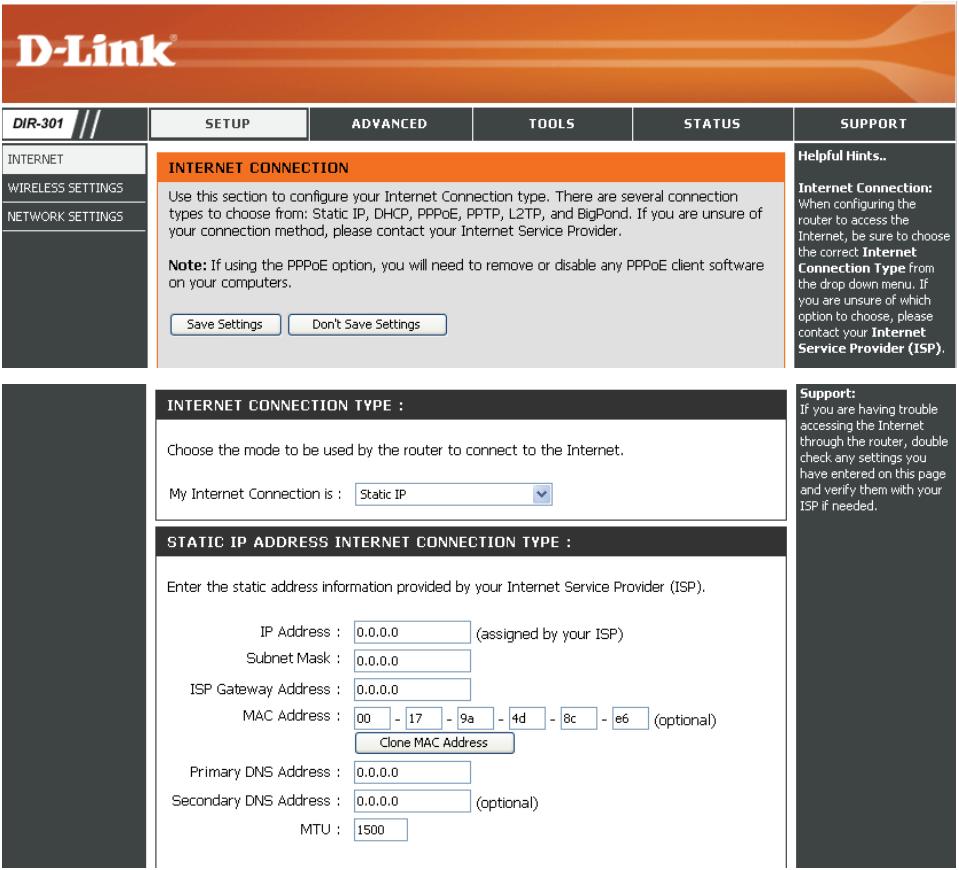 D-LINK DIR-300 - Internet Setup (Configuration Internet) Adresse statique (attribuée par le FAI) - 1