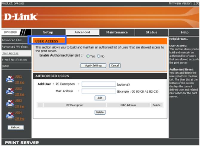 D-LINK DPR-2000 - ADVANCED > User Access (AVANCE > Accès utiliser) - 1