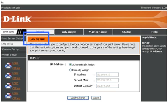 D-LINK DPR-2000 - SETUP > LAN SETUP (CONFIGURATION > CONFIGURATION DU RÉSEAU LOCAL) - 1