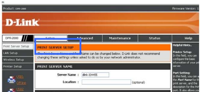D-LINK DPR-2000 - SETUP > Print Server Setup (CONFIGURATION > Configuration du serveur d'impression) - 1