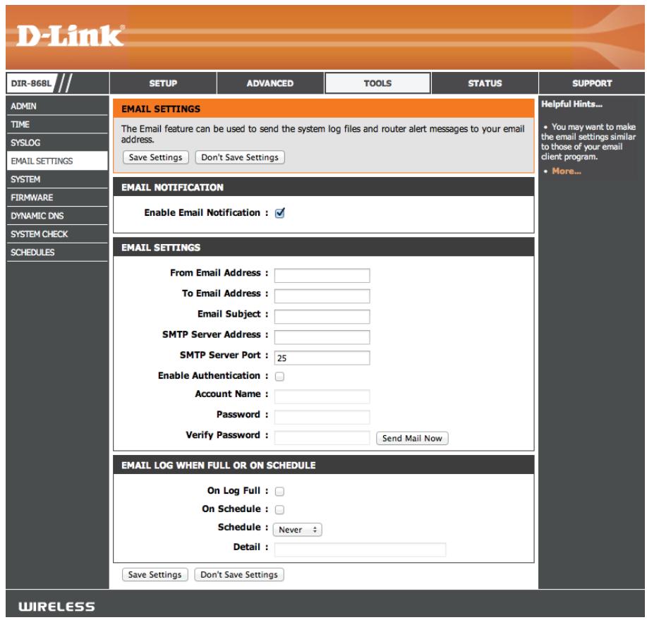 D-LINK DIR-868L - Paramètres du courrier électronique - 1